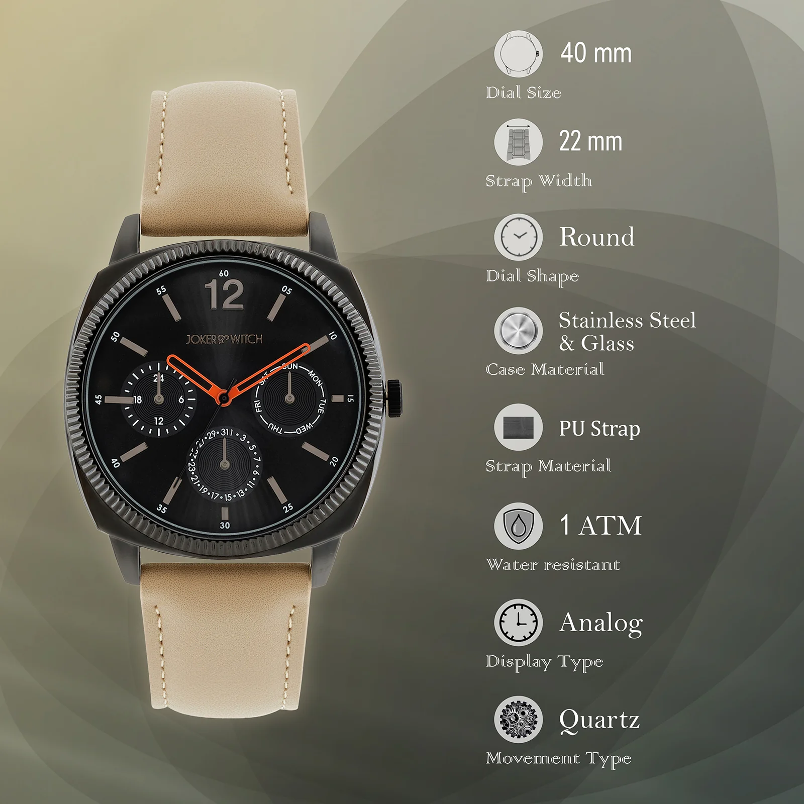 Viking Black Large Dial Sand PU Strap Men's Watch - Image 7