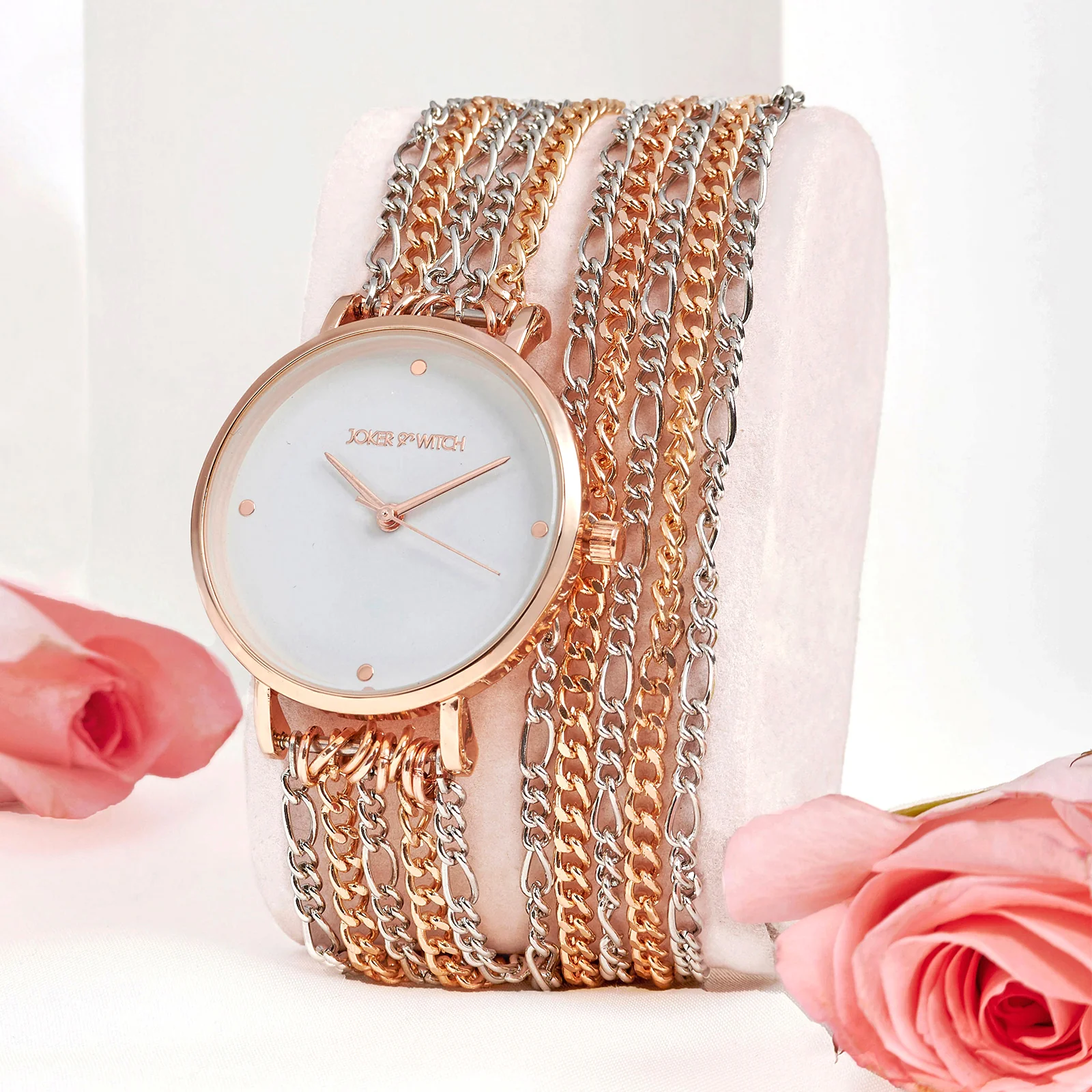 Zelda White Medium Dial Dual Tone Chain Wrap Around Strap Women's Watch